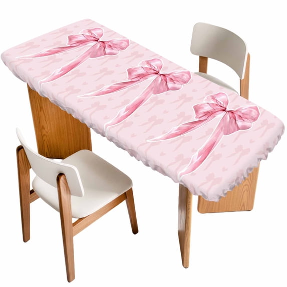 Pink Bow Table Cloths for 8 Foot Rectangle Tables, Cute Watercolor Girls Cartoon Luxury Patio Waterproof Elastic Fitted Tablecloths, Washable Rectangular Table Cover for Camping