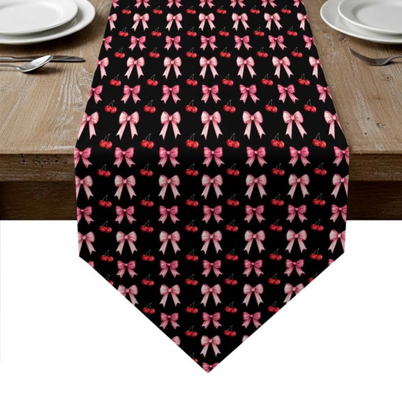 Pink Bow Table Runner Linen Burlap Table Runner 36 Inches Small Red Cherry Black Cute Preppy Aesthetic Dresser Scarves for Kitchen Island Coffee Dining Room Party Wedding Holiday Decoration 13"x36"