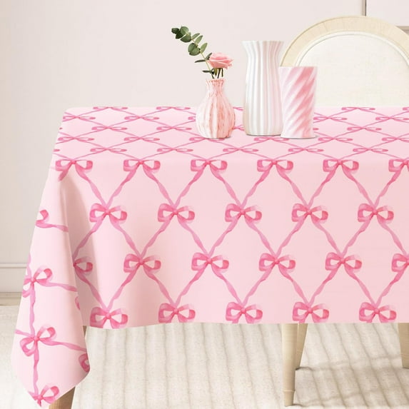 Pink Bow Tablecloth Pink Ribbon Bow Fabric Table Cloth Washable Table Cover for Coquette Birthday Baby Shower Home Kitchen Decor, 60 x 102 Inch