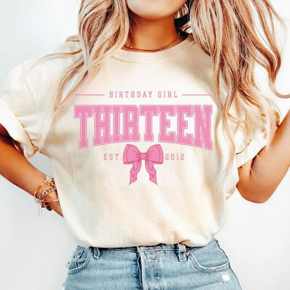 Pink Bow Thirteenth Birthday Shirt, Coquette University Style Girls Birthday Party Tee, 13 Year Old Birthday Gift, Year Est., 13th B-Day