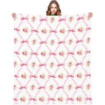Pink Bow Throw Blanket Coquette Pink Bow Rose Throw Soft Flannel Blankets Cozy Fuzzy Plush Floral Throw Blanket for Couch Bed Chair Holiday Party Gifts