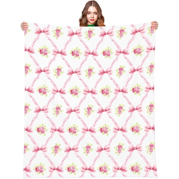 Pink Bow Throw Blanket Coquette Pink Bow Rose Throw Soft Flannel Blankets Cozy Fuzzy Plush Floral Throw Blanket for Couch Bed Chair Holiday Party Gifts