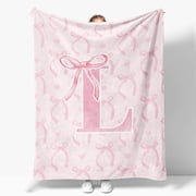 Pink Bow Throw Blanket,Personalized Initial Soft Fluffy Cozy Flannel Blanket,Monogrammed Gifts for Women ,Customized Blanket for Bedding Bedroom Office,50x60 Inches