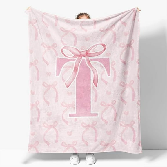 Pink Bow Throw Blanket,Personalized Initial Soft Fluffy Cozy Flannel Blanket,Monogrammed Gifts for Women ,Customized Blanket for Bedding Bedroom Office,50x60 Inches
