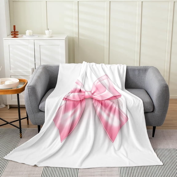 Pink Bow Throw Blanket for Couch Sofa Bed Soft Fluffy Microfiber Fleece Blanket