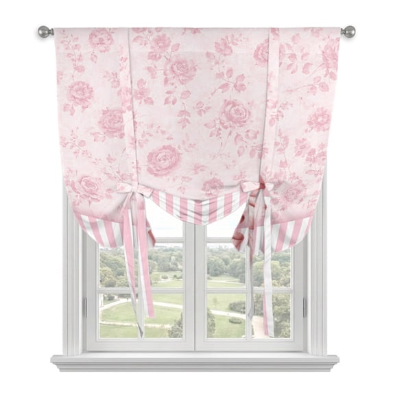 Pink Bow Tie Up Curtains for Windows, Adjustable Balloon Window Shades, Farmhouse Roses Floral Stripes Rustic Modern Kitchen Window Treatments Adjustable Roll Up Curtain for Basement/Nursery 52"x45"