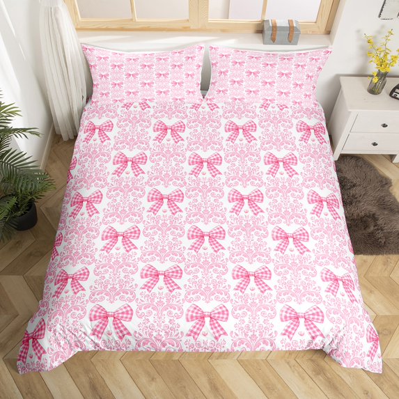 Pink Bow Tie Duvet Cover Set Bohemian Exotic Damask King Bedding Set,Cute Silk Ribbon Bowknot Comforter Cover Antique Victorian Bed Set,Gothic Vintage Floral Pink Bow Decor（No Comforter）