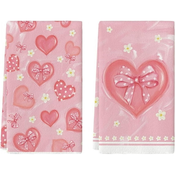 Pink Bow Tie Heart Flower Valentine''s Day Kitchen Towels Dish Towels, 18x26 Inch Farmhouse Wedding Decoration Hand Towels Set of 2