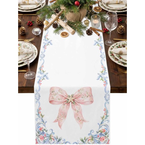 Pink Bow Tie Table Runner 36 Inches Long, Coastal Starfish Rose Flowers Green Leaf Ribbons Cotton Linen Dining Table Runner Dresser Scarves for Home Kitchen Party Decor 13"x36"