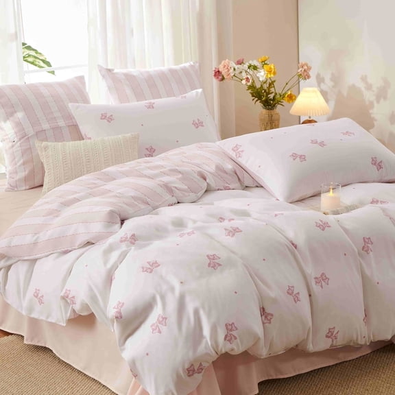 Pink Bow Ties Comforter Bedding Sets Reversible Pattern Chic Bowknot with Stripes Comforte Twin Size