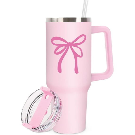 Pink Bow Tumbler with Handle 40oz Coquette Bowknot Tumbler with Straw and Lid Pink Stainless Steel Cup for Girl Women Friend Holiday Birthday Gift