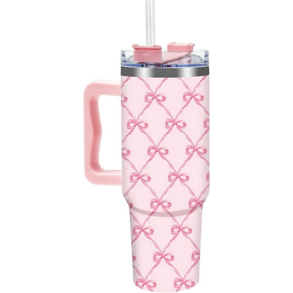 Pink Bow Tumbler with Handle Straw and Lid 40oz Pink Ribbon Bow Stainless Steel Cup Travel Coffee Tumbler Cup for Home Office Holiday Birthday