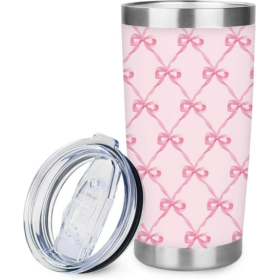 Pink Bow Tumbler with Lid Straw 20 Oz Bow Tie Travel Coffee Cute Pink Ribbon Bow Tumbler Cup Boxed for Wedding Birthday Party Favor Supplies