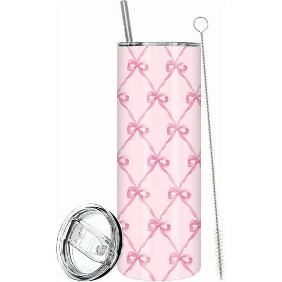 Pink Bow Tumbler with Lid Straw 20 Oz Cute Bow Knot Travel Coffee Pink Tumbler Cup Boxed for Wedding Birthday Party Favor Supplies