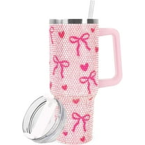 Pink Bow Tumbler with Lid and Straw 40oz Rhinestone Bowknot Heart Tumbler with Handle Stainless Steel Cup for Home Office Travel