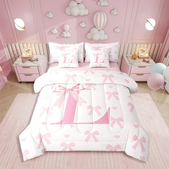 Pink Bow Twin Bedding Set 7 Pieces,Princess Style Bowknot Love Hearts Girly Fairy Comforter Set with Sheets ,Initial Letter L Chic Romantic Bed Set in a Bag with Pillow Covers