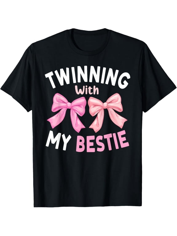 Pink Bow Twinning With My Bestie Friends Twins Day Girls T-Shirt