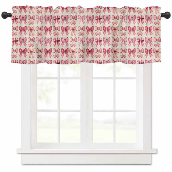 Pink Bow Valances for Windows Farmhouse Kitchen Curtains Valances Rod Pocket Valance Curtains for Kitchen Windows Romantic Rose Beige Linen Retro Window Valances for Bathroom Bedroom 60"x18"