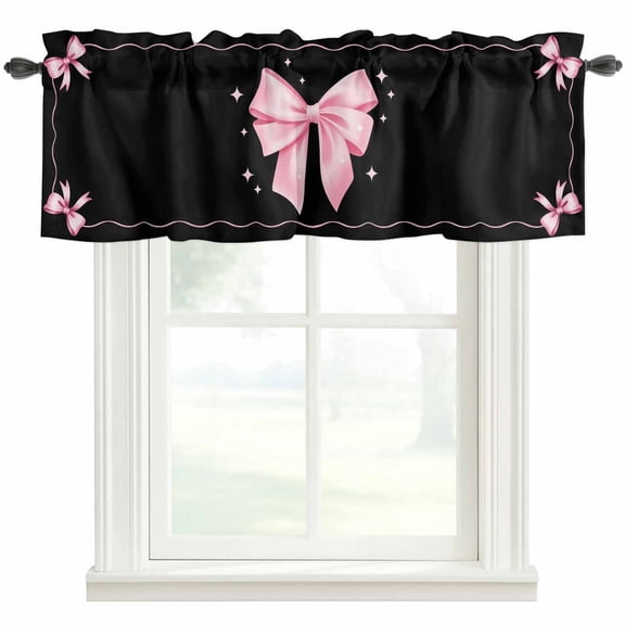 Pink Bow Valances for Windows Pink Ribbon Day Mother's Day Valentine's Day Black Rod Pocket Curtain Valance Window Treatment Short Curtains for Kitchen Living Room, 42"x12"
