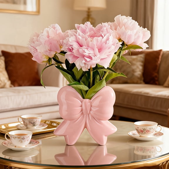 Pink Bow Vase Coquette Ceramic Vase Pen Holder 4.5 x 1.9 x 4.7 in Makeup Brush Holder Contemporary Design Decorative Women Gift for Christmas Home Office Shelf Table Room