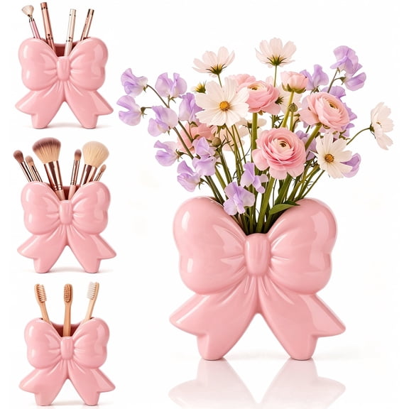 Pink Bow Vase Coquette Ceramic Vase Pen Holder 4.5 x 1.9 x 4.7 in Makeup Brush Holder Contemporary Design Decorative Women Gift for Christmas Home Office Shelf Table Room