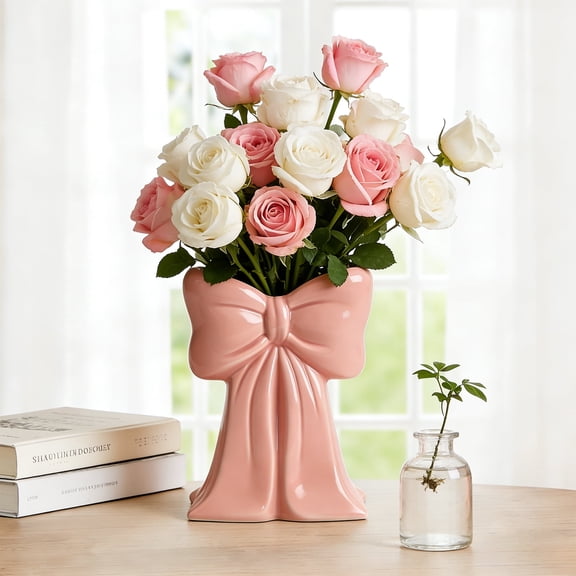 Pink Bow Vase Coquette Pink Ceramic Vase Pen Holder 6.3x4.9x3 in Makeup Brush Holder Contemporary Design Decorative Women Gift for Christmas Home Office Shelf Table Room
