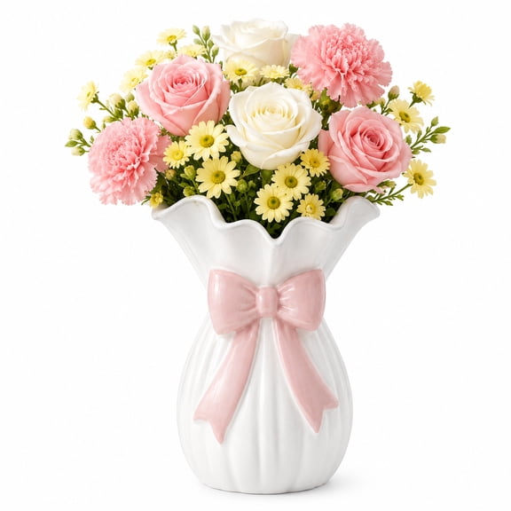 White Ceramic Vase, 7.1 Inch Cute Flower Vase with Bow for Roses Tulips Bouquet Flower, Bundle Shape Decorative Vessel for Living Room Bedroom Makeup Vanity