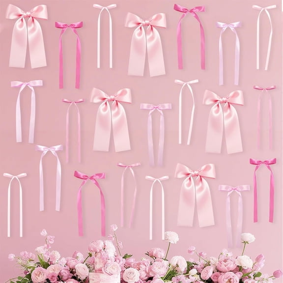 Pink Bow Wall Décor Backdrop Ribbon Bow Garland DIY Pink Bows Party Decorations for Baby Shower Women Girls Coquette Birthday Christmas Room Bedroom Decoration 50Pcs