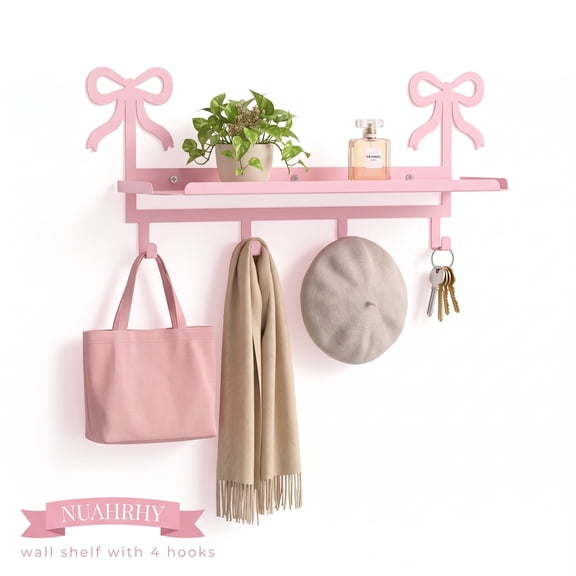 Pink Bow Wall Shelf with 4 Hooks, Metal Key Holder for Wall & Coat Rack, Coquette Room Decor for Nursery and Bedroom, 13.86"