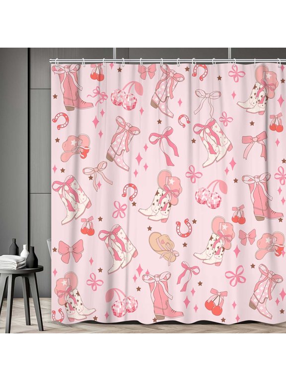Pink Bow Western Shower Curtain, Cowgirl Cute Bowknot Disco Cherry Bow Boots Caps Shower Curtain Set for Boys Teens Girls, Waterproof Bath Curtain Decor with Hooks,Pink,70x84