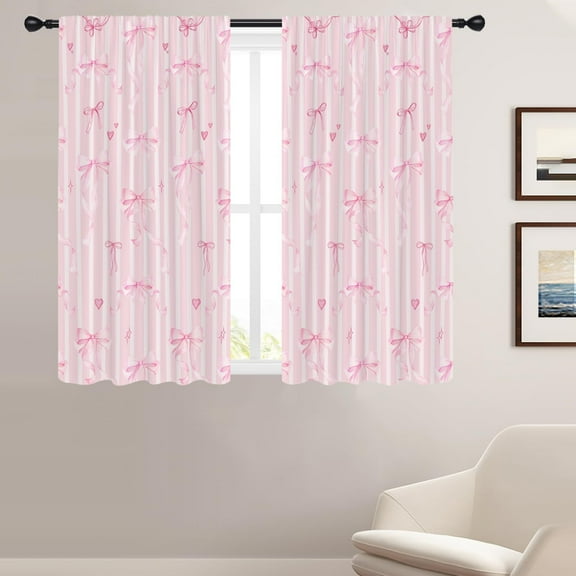 Pink Bow Window Curtains for Bedroom 42 x 63 Inch Rod Pocket Cute Girly Girls Kawaii White Kids Romantic Princess Coquette Pretty Nursery Living Room Treatment Set of 2 Curtain Panels Drapes