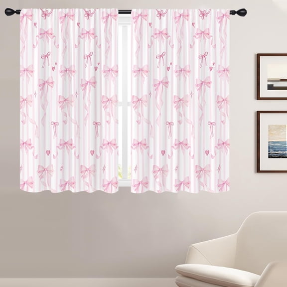Pink Bow Window Curtains for Bedroom 52x63 Inch Rod Pocket Cute Girly Girls Kawaii Princess Pastel Design Romantic Beauty Aesthetic Home Living Room Treatment Set of 2 Curtain Panels Drapes
