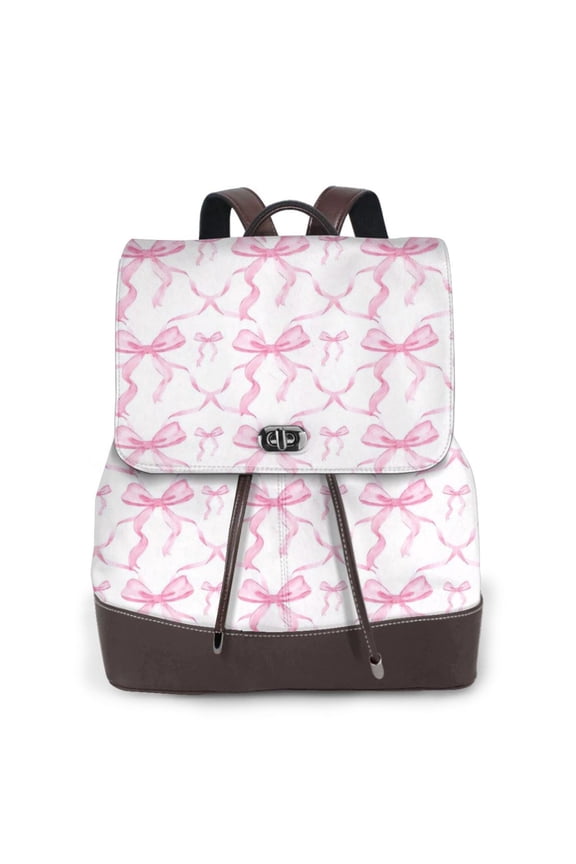 Pink Bow Women's Leather Backpack All-Over Print Bag for Work and Travel