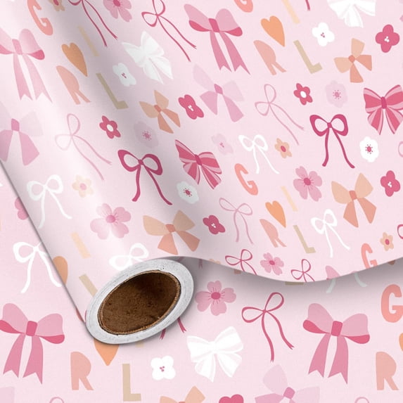 Pink Bow Wrapping Paper Roll for Kids Girls, GIRL Lettering with Flowers, Hearts, Sweet Baby Girl Age1 Gift Wrap for 1st Birthday, Baby Shower, Newborn Party Gifts, 17 In x 16.4 Ft