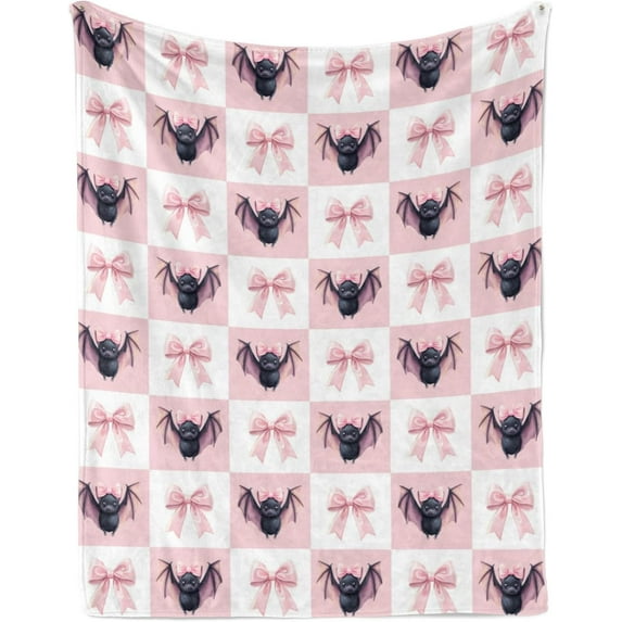 Pink Bow and Bat Throw Blanket for Women Girls, Soft Home Decorations for Halloween Decor Gifts, 60 x 50Inch