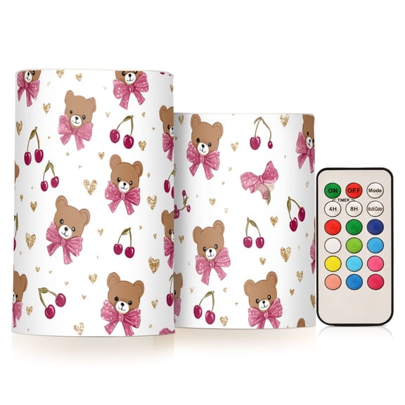 Pink Bow and Brown Bear Flickering Flameless Candles Battery Operated with Remote Timer LED Pillar Candles Set of 2
