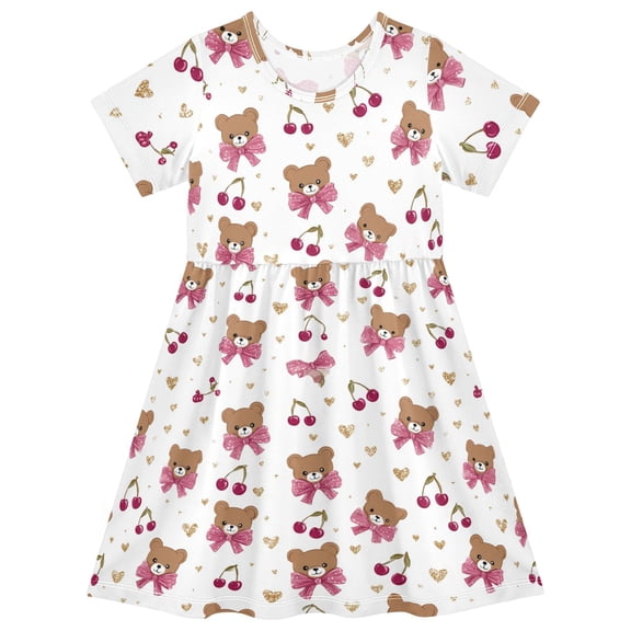Pink Bow and Brown Bear Short Sleeve Dress A-Line Cute Midi Casual Sundress 2-8 Years