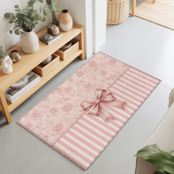 Pink Bowknot 2'x3' Rug for Entryway Front Door Kitchen Sink Area, Distressed Rustic Pink Floral Stripes Low Pile Washable Non Slip Rectangle Area Rug