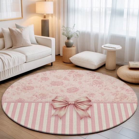 Pink Bowknot 8' Round Rug for Open Concept Living Room Seating Zone, Distressed Rustic Pink Floral Stripes Washable Non Slip Large Circle Area Rug