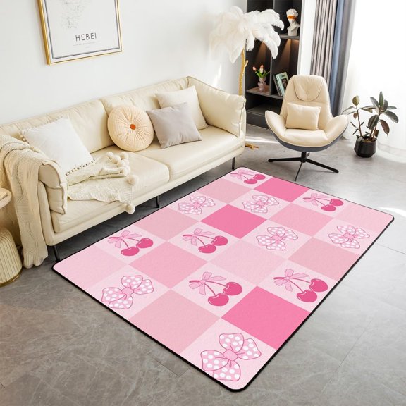 Pink Bowknot Area Rug,Bow Tie Cherry Cute Princess Romantic Indoor Floor Mat Entrance Rug ,Geometric Plaid Dot Patchwork Non Slip Rug,Dreamy Chairs Couch Living Room Decor 5x7ft