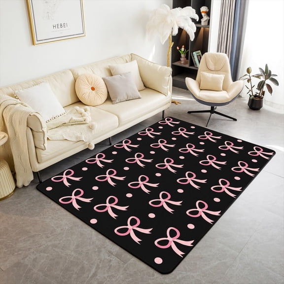 Pink Bowknot Area Rug,Cute Polka Dots Wave Points Indoor Floor Mat Entrance Rug,Cartoon Butterfly Knot Dreamy Style Non Slip Rug,Black Chairs Couch Living Room Decor 1x2ft