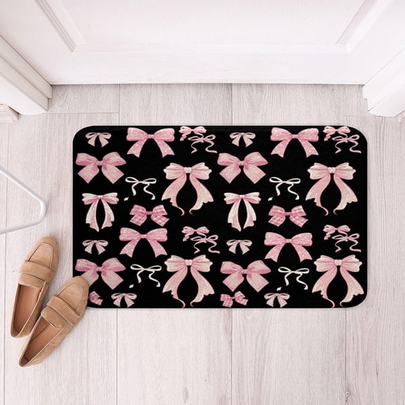 Pink Bowknot Bathroom Rugs 16" x 24" Ribbon Bow Bath Mat Checkered Polka Dot Striped Bowtie Doormat Coquette Kawaii Pink Black