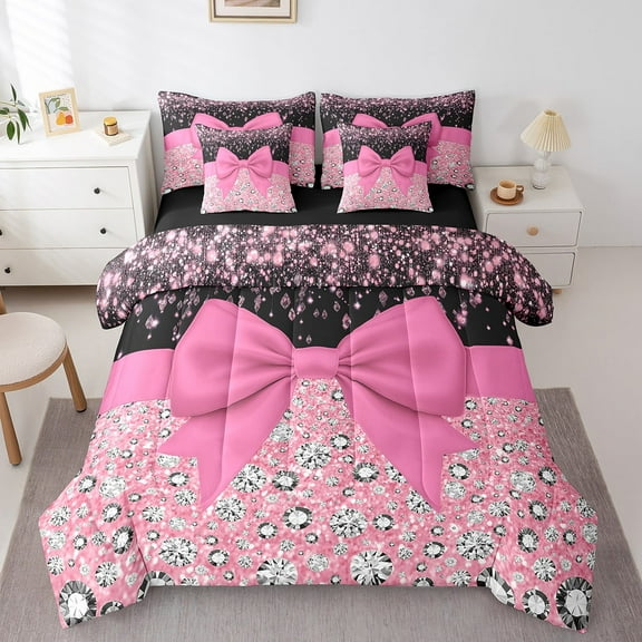 Pink Bowknot Bed in a Bag Queen Comforter Set 7 Piece,Kawaii Bow Knot Bedding Set,Silk Ribbon Comforter and Sheet Set Glitter Sequin Print Diamond Bed Set,Dreamy Princess Style Cute Pink Room Decor