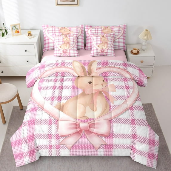 Pink Bowknot Bed in a Bag Queen,Kawaii Pet Rabbit Comforter Set 7 Piece Gifts Women Princess,Buffalo Plaid Patchwork Bedding Sets,Rustic Farmhouse Sheet Set with Comforter