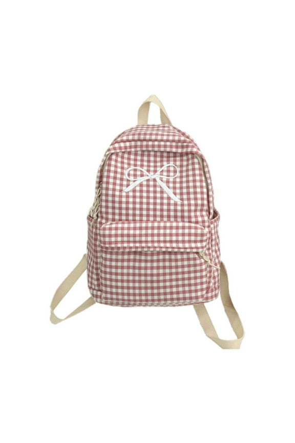 Pink Bowknot Checkered Backpack with Large Capacity, Lightweight and Stylish for Daily Commute and Travel