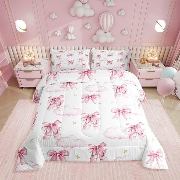 Pink Bowknot Comforter Set Queen Size,Ballet Shoes Dance Star Cloud Princess Bedding Set,Women Room Decor,Bow Tie Butterfly Knot Sweet Down Comforter,Romantic Duvet Insert,2 Pillowcases