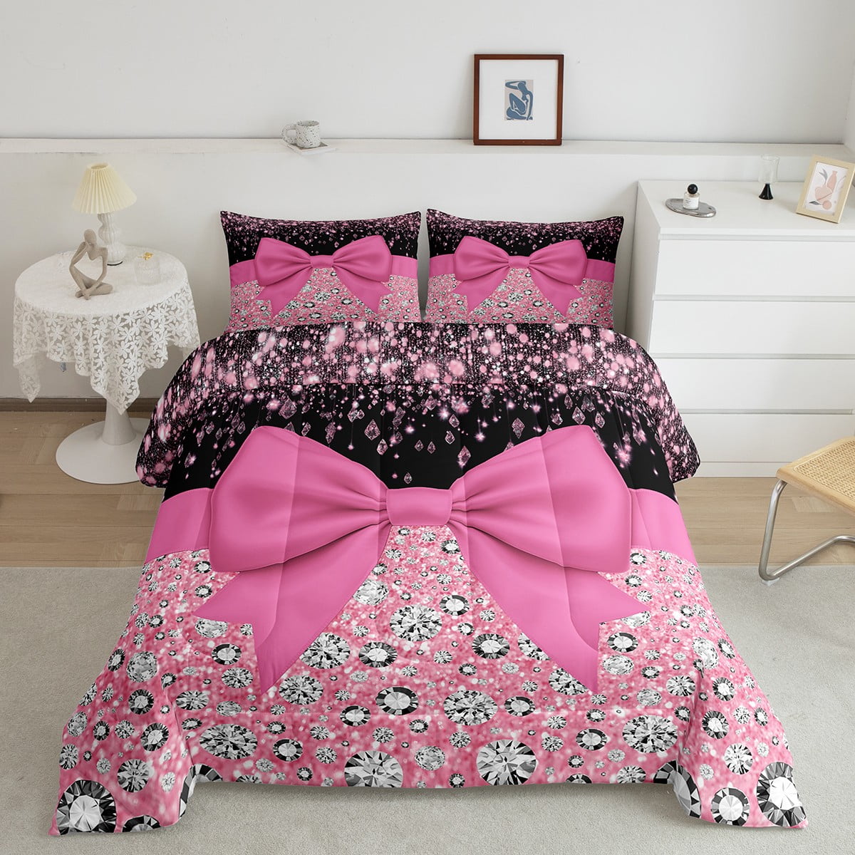 Pink Bowknot Comforter Set Kawaii Bow Knot King Bedding Set,Silk Ribbon ...