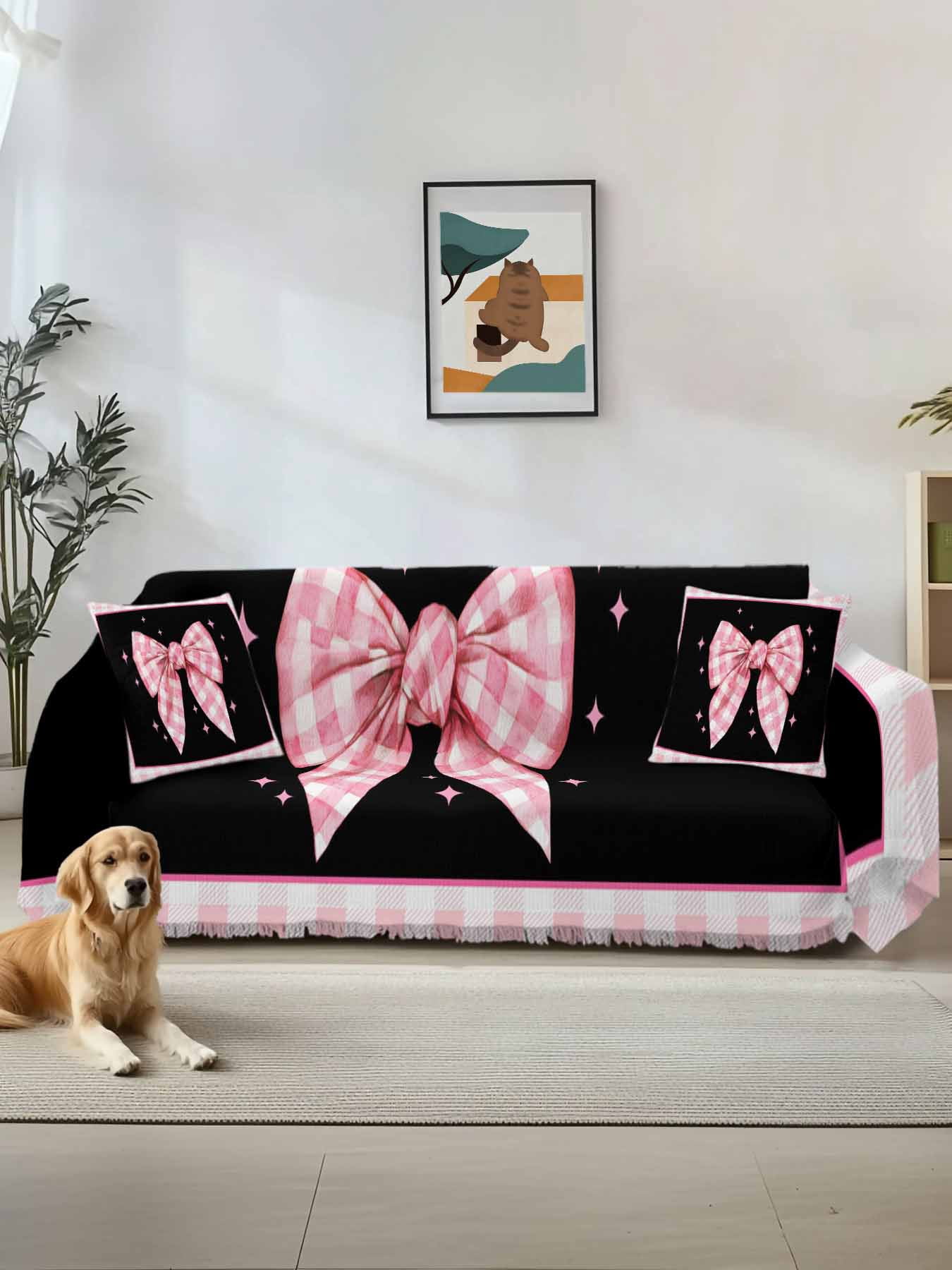 Pink Bowknot Couch Cover for Dogs, Shining Stars Vintage White Plaid ...