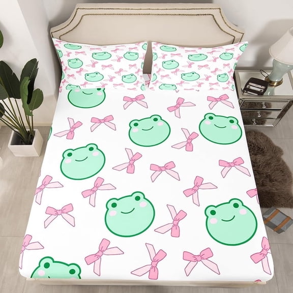 Pink Bowknot Fitted Sheet Twin Size,Cartoon Frog Bow Tie Butterfly Knot Princess Bedding Set,Girls Women Room Decor,Geometric Patchwork Cute Sweet Bed Sheet,2 Pillowcase(No Flat)