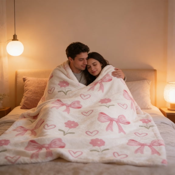 Pink Bowknot Flannel Throw Blanket Super Soft Cozy Plush Fleece Blanket for Women Girls,29.5x39.4 Inches,Lightweight Printed Decorative Blanket for Bed Sofa Couch,Valentine's Day Gift Home Decor